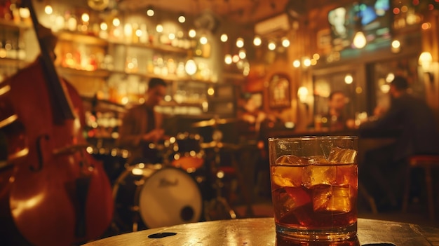 Una vibrante scena di jazz club con bicchieri di bourbon e whisky serviti accanto a musica soul
