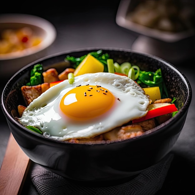 Una vibrante scodella di bibimbap vegetariano con croccanti verdure colorate di tofu e un uovo fritto