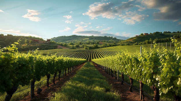 una vigna con una vista di una collina e una collina sullo sfondo