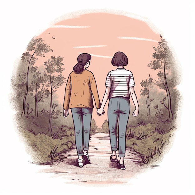 Una vignetta di due donne che camminano su un sentiero con la scritta "l'altra sponda"