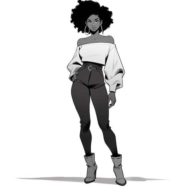 una vignetta di una donna con un grande afro in piedi in una camicia bianca ai generativa