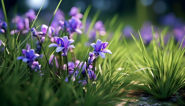 Una viola brillante fiorisce nell'erba verde in primavera