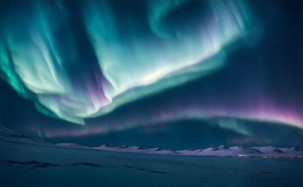 Una visione surreale ed eterea dell'aurora boreale che danza in un cielo notturno tempestato di stelle sopra uno sno