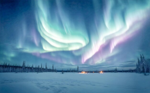 Una visione surreale ed eterea dell'aurora boreale che danza in un cielo notturno tempestato di stelle sopra uno sno