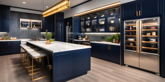 Una vista a metà campo di una moderna cucina di lusso con mobili in oro blu navy e elettrodomestici di alta gamma