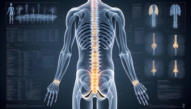 Una vista a raggi X dell'intera colonna vertebrale con annotazioni che indicano le aree di tensione
