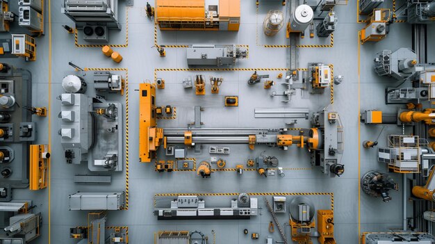 Una vista a volo d'uccello di una macchina utensile CNC di alta precisione incentrata sul suo layout e sui suoi componenti all'interno di un laboratorio industriale Vista dettagliata del banco di lavoro di utensili e dell'AI circostante Generative