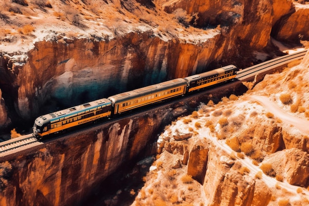 Una vista aerea dall'alto di un treno che si snoda attraverso un canyon mozzafiato con ripide scogliere e terreno accidentato IA generativa