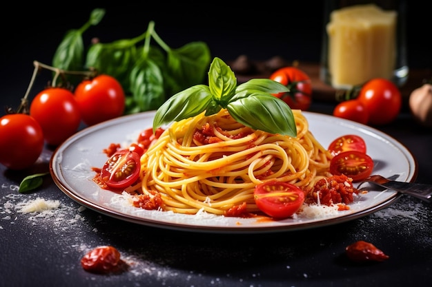 Una vista aerea di spaghetti di pasta italiana coperti di salsa di pomodoro, formaggio e basilico