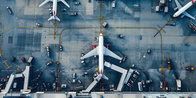 Una vista aerea di un affollato terminal aeroportuale con aerei che si muovono sulla pista di atterraggio