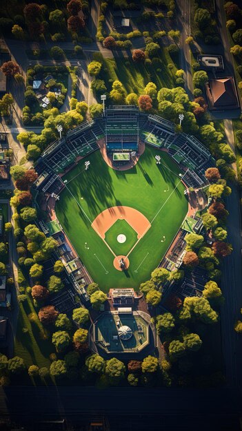 una vista aerea di un campo da baseball con alberi e un cuore sullo sfondo