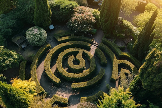 Una vista aerea di un giardino labirinto generato dall'AI