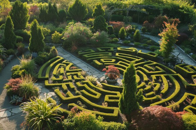 Una vista aerea di un giardino labirinto generato dall'AI