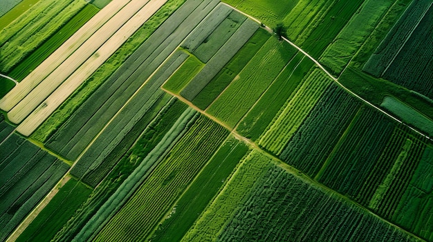 Una vista aerea di un paesaggio agricolo sostenibile che integra