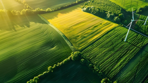 Una vista aerea di un paesaggio agricolo sostenibile che integra