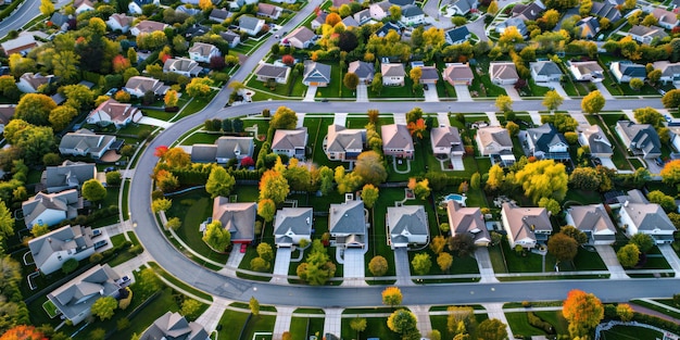 Una vista aerea di un quartiere suburbano con file di case