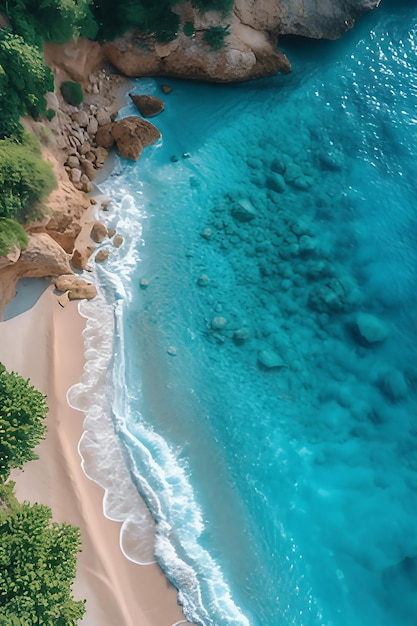 Una vista aerea di una spiaggia tropicale con acqua blu cristallina