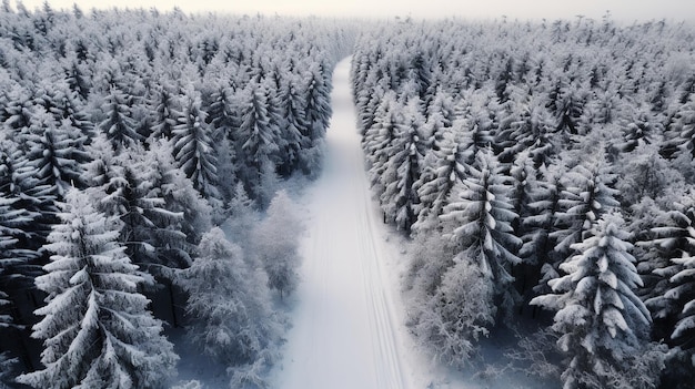 Una vista aerea di una strada in un bosco innevato ricco di alberi Generative AI