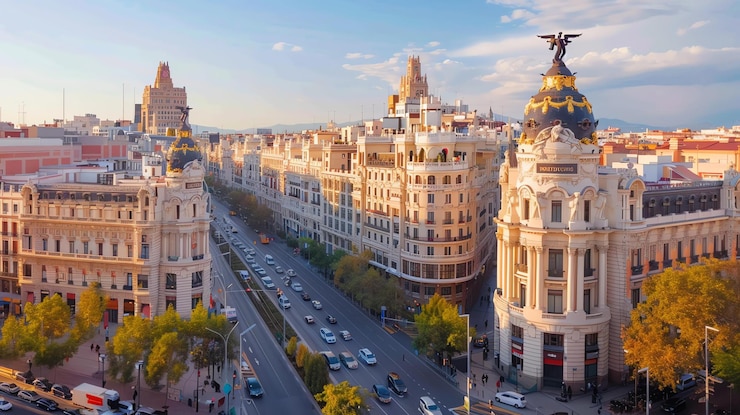 Foto una vista aerea di una strada trafficata di una città europea la strada larga è fiancheggiata da grandi edifici e c'è molto traffico