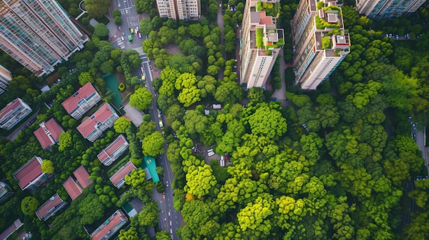 Una vista aerea mozzafiato di un'area urbana trasformata dalla riforestazione che mostra l'integrazione senza soluzione di continuità degli spazi verdi lussureggianti nella pianificazione urbana