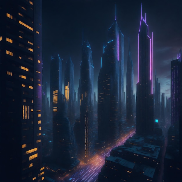 Una vista affascinante di un paesaggio urbano futuristico con edifici moderni e colorati illuminati di notte