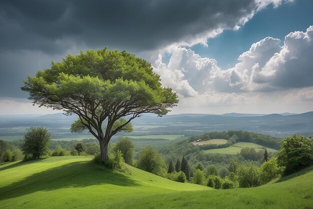 Una vista affascinante di un paesaggio verde con alberi sotto un bellissimo cielo nuvoloso