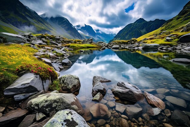 Una vista affascinante di un piccolo lago sullo sfondo delle rocce