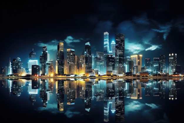 Una vista affascinante di una città di notte con luci vibranti che si riflettono sull'acqua calma Paesaggio urbano notturno che mostra grattacieli e grattacieli Generato dall'intelligenza artificiale