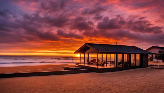 una vista al tramonto di una casa sulla spiaggia con un tramonto sullo sfondo