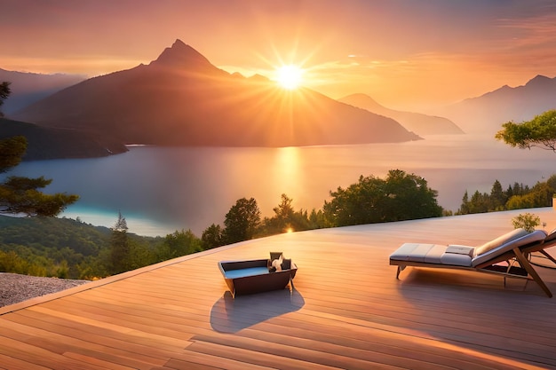 Una vista al tramonto di una piscina con una montagna sullo sfondo