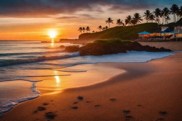 una vista al tramonto di una spiaggia con palme e un edificio sullo sfondo