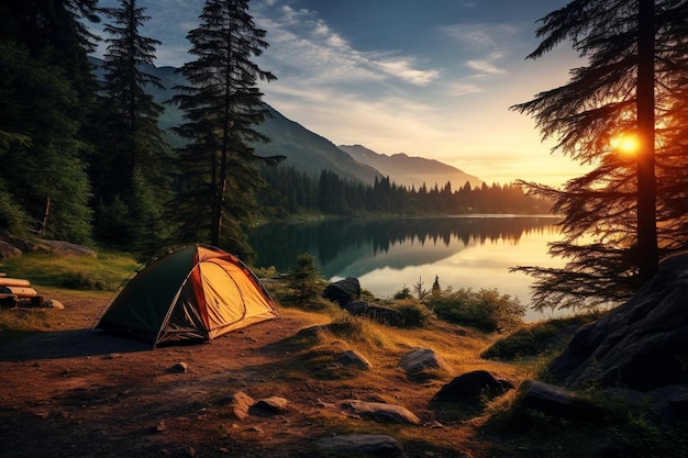 Una vista al tramonto di una tenda e di un lago in montagna.