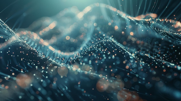 Una vista astratta di particelle di luce vorticose e fili luminosi