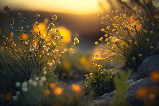 Una vista da sogno baciata dal sole si apre mentre i fiori gialli e l'erba ondeggiano dolcemente avvolti nel bagliore softfocus del crepuscolo