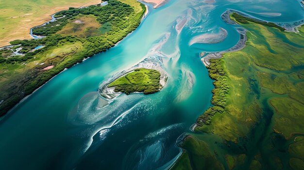 una vista da un'altezza del delta del fiume in un giorno d'estate