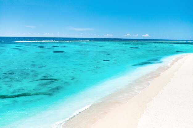 Una vista da un'altezza di una spiaggia tropicale e delle onde che si infrangono su una spiaggia di sabbia dorata tropicale. Le onde del mare si snodano dolcemente lungo la bellissima spiaggia sabbiosa.