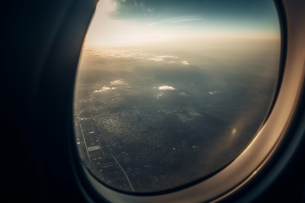 Una vista dal finestrino di un aeroplano Sorvolando la vista del suolo sopra un abisso in volo Splendida vista panoramica del tramonto attraverso il finestrino dell'aereo Salvataggio dell'immagine per il finestrino dell'aereo IA generativa