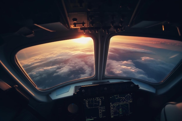 Una vista dal finestrino di un aeroplano Sorvolando la vista del suolo sopra un abisso in volo Splendida vista panoramica del tramonto attraverso il finestrino dell'aereo Salvataggio dell'immagine per il finestrino dell'aereo IA generativa