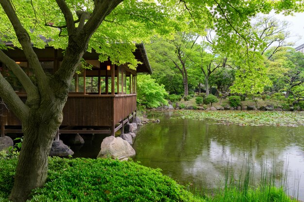 Una vista dal giardino verde di Tennoji Keitakuen