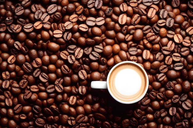 Una vista dall'alto della composizione perfetta della tazza di caffè e dei chicchi di caffè