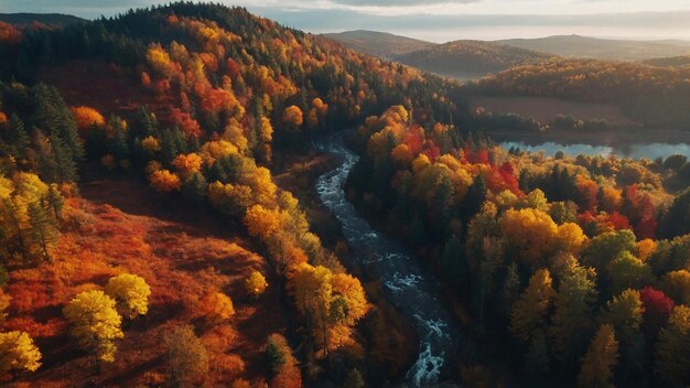 Una vista dall'alto della foresta con strade e alberi colorati