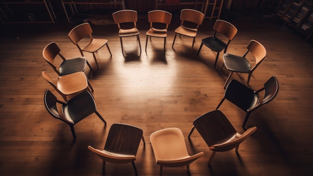 Una vista dall'alto delle sedie vuote dell'aula disposte in cerchio per la discussione di gruppo