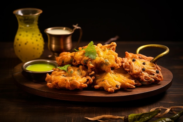 Una vista dall'alto dello spuntino indiano pakora con chutney su sfondo di legno