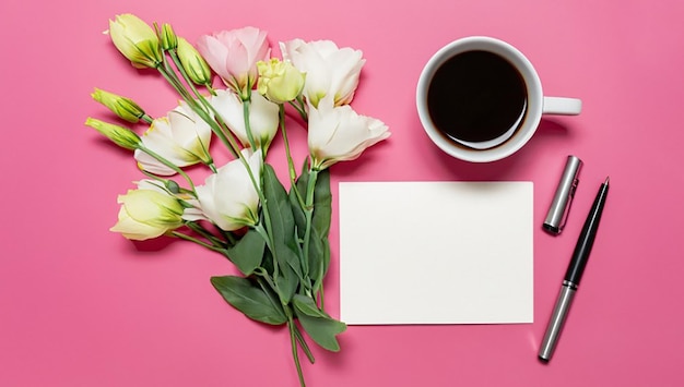 Una vista dall'alto di fiori di eustoma con penna di carta di diario e tazza di caffè su sfondo rosa spazio di copia