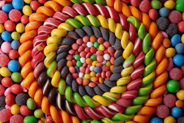 Una vista dall'alto di un affascinante mosaico di caramelle colorate che creano uno sfondo vibrante