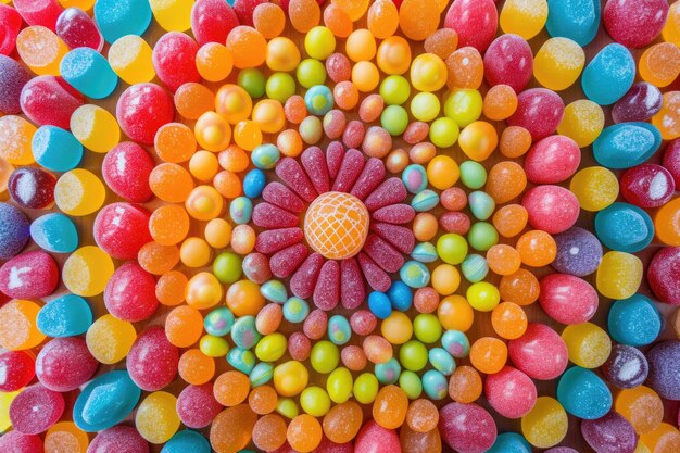 Una vista dall'alto di un affascinante mosaico di caramelle colorate che creano uno sfondo vibrante