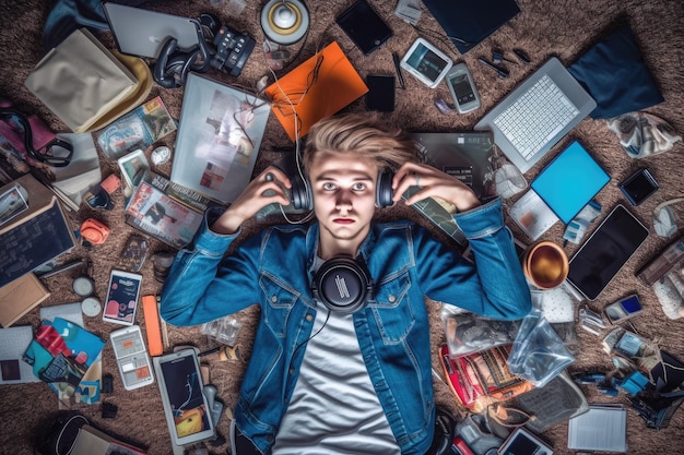 Una vista dall'alto di un maschio adolescente scandinavo sdraiato sul pavimento con molti dispositivi elettronici Generative AI AIG30