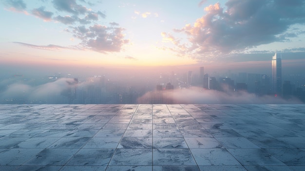 Una vista dall'alto di un tetto vuoto con lo skyline della città in lontananza al mattino