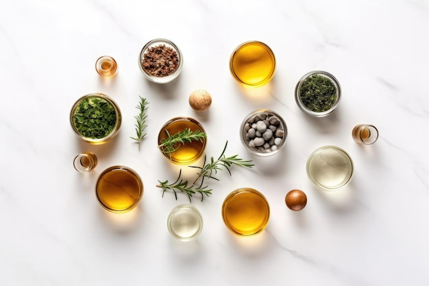 Una vista dall'alto di una collezione di oli essenziali disposti su un tavolo di pietra bianca Ideale per promuovere l'aromaterapia e i rimedi naturali AI generativa