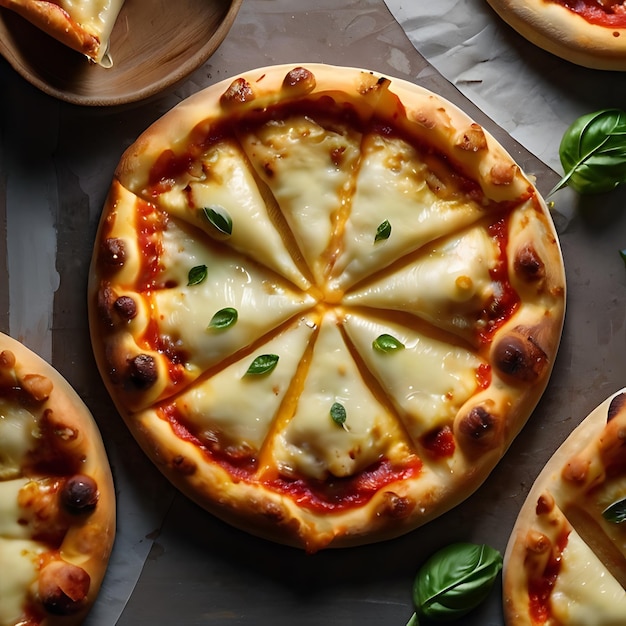 Una vista dall'alto di una pizza intera al formaggio con crosta dorata e formaggio bollente generata dall'AI